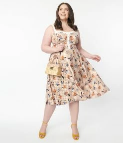 Unique Vintage Plus Size 1950s Rust Gingham & Floral Swing Dress Sale