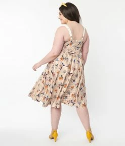 Unique Vintage Plus Size 1950s Rust Gingham & Floral Swing Dress Sale