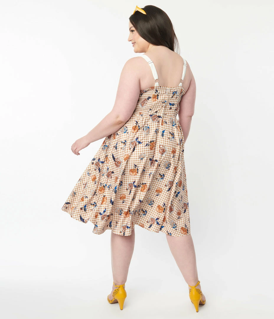 Unique Vintage Plus Size 1950s Rust Gingham & Floral Swing Dress Sale