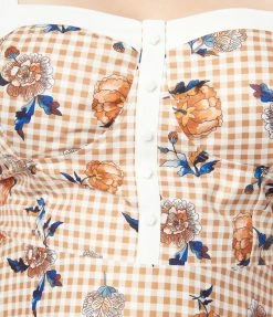 Unique Vintage Plus Size 1950s Rust Gingham & Floral Swing Dress Sale