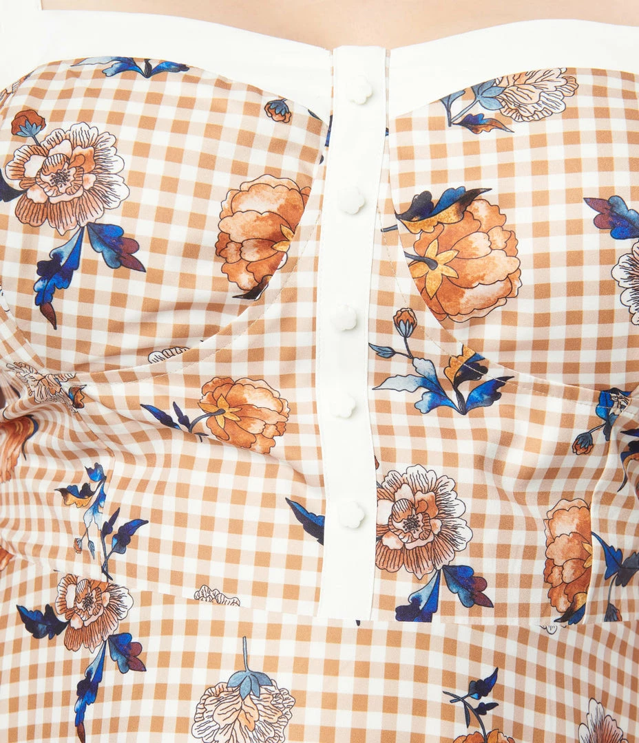 Unique Vintage Plus Size 1950s Rust Gingham & Floral Swing Dress Sale