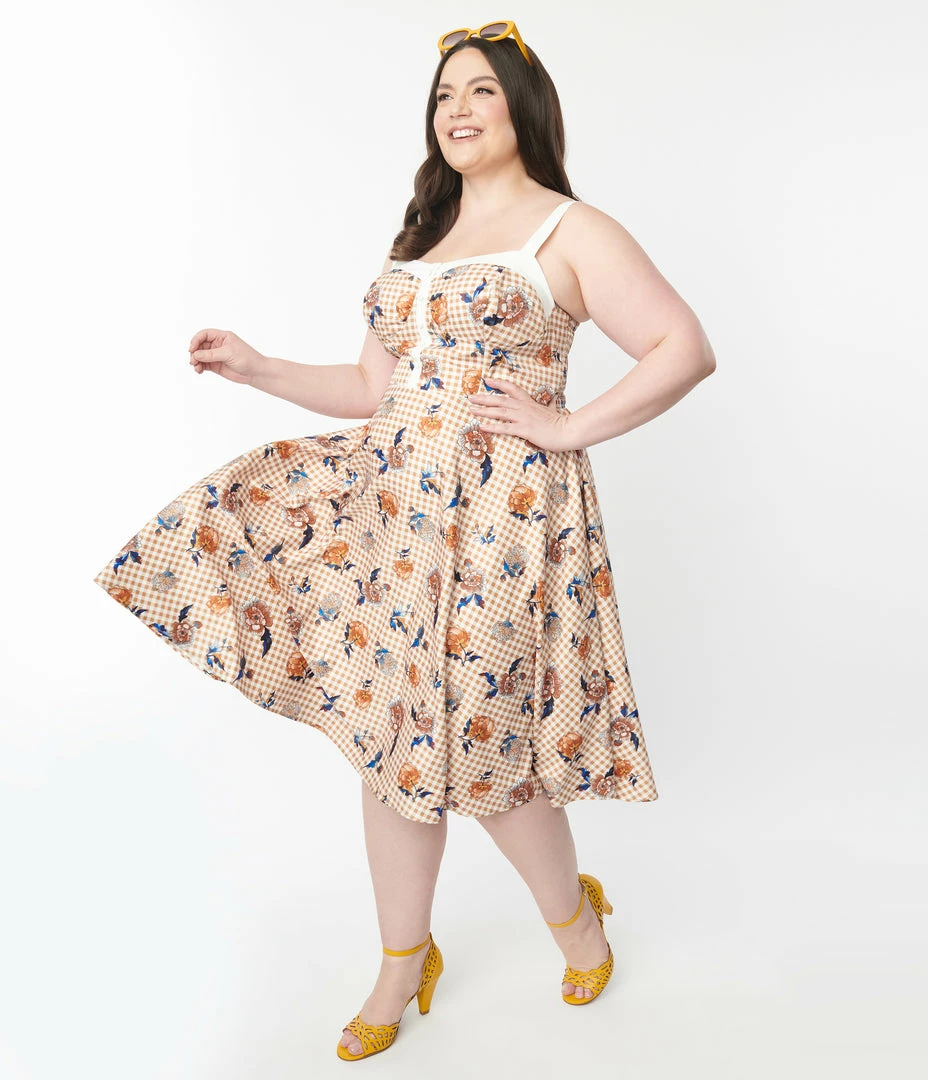Unique Vintage Plus Size 1950s Rust Gingham & Floral Swing Dress Sale