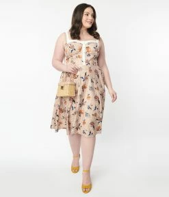 Unique Vintage Plus Size 1950s Rust Gingham & Floral Swing Dress Sale