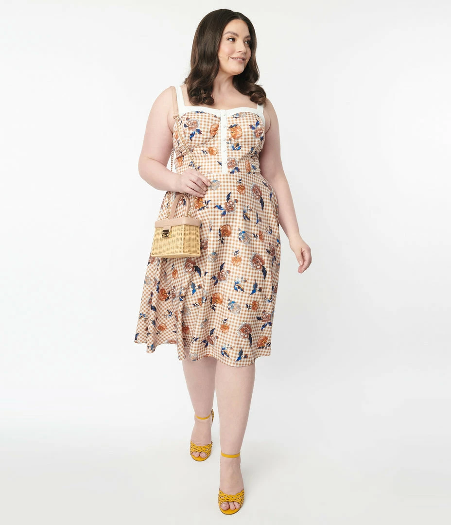 Unique Vintage Plus Size 1950s Rust Gingham & Floral Swing Dress Sale