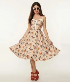 Sale Unique Vintage 1950s Rust Gingham & Floral Swing Dress