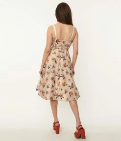 Sale Unique Vintage 1950s Rust Gingham & Floral Swing Dress