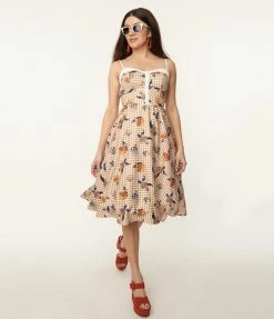 Sale Unique Vintage 1950s Rust Gingham & Floral Swing Dress