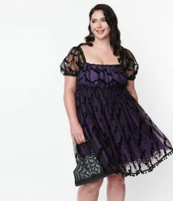 Unique Vintage Plus Size Purple Bat Mesh Babydoll Belle Dress Sale