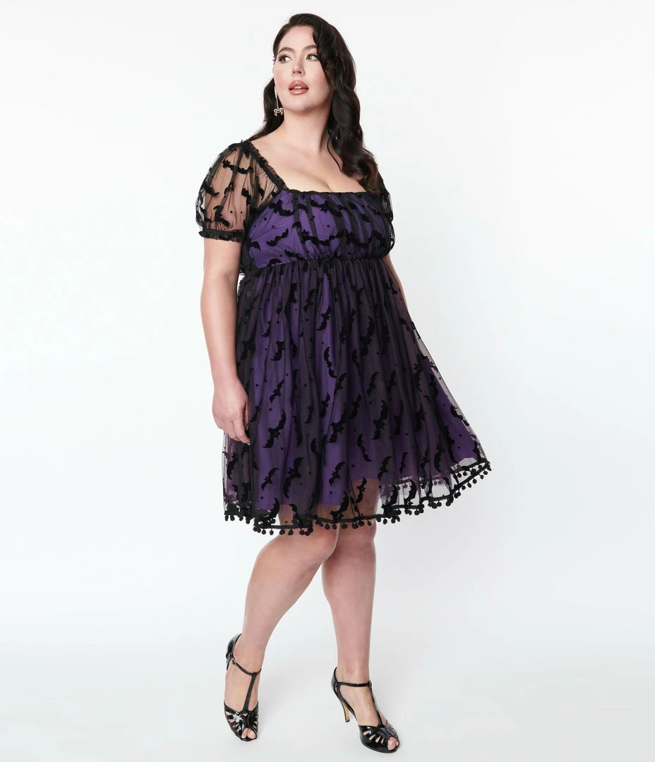 Unique Vintage Plus Size Purple Bat Mesh Babydoll Belle Dress Sale