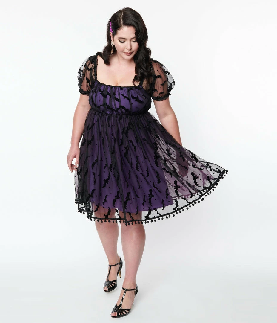 Unique Vintage Plus Size Purple Bat Mesh Babydoll Belle Dress Sale