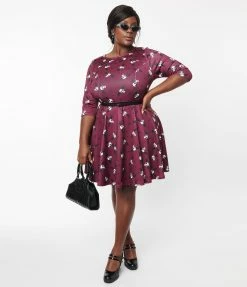 Corpse Bride X Unique Vintage Plus Size Wine & Flying Skulls Stephanie Flare Dress