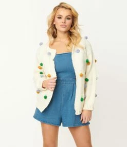Listicle White & Multicolor Pom Pom Knit Cardigan Sale