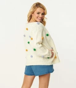 Listicle White & Multicolor Pom Pom Knit Cardigan Sale