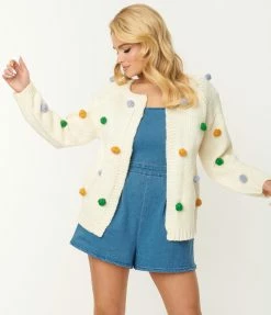 Listicle White & Multicolor Pom Pom Knit Cardigan Sale