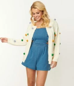 Listicle White & Multicolor Pom Pom Knit Cardigan Sale