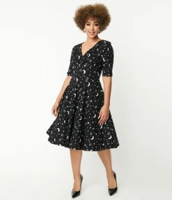 Unique Vintage Black & Silver Galaxy Print Delores Swing Dress Clothing