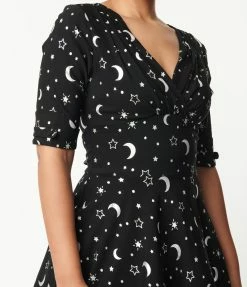Unique Vintage Black & Silver Galaxy Print Delores Swing Dress Clothing