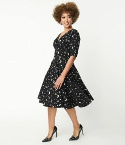 Unique Vintage Black & Silver Galaxy Print Delores Swing Dress Clothing