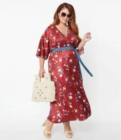 Unique Vintage Plus Size Burgundy & Purple Floral Print Wrap Midi Dress Clothing