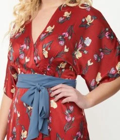 Unique Vintage Burgundy & Purple Floral Print Wrap Midi Dress Clothing