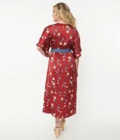 Unique Vintage Burgundy & Purple Floral Print Wrap Midi Dress Clothing