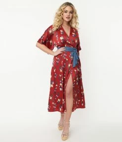 Unique Vintage Burgundy & Purple Floral Print Wrap Midi Dress Clothing