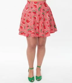 Retrolicious Pink Watermelon Gingham Flare Skirt
