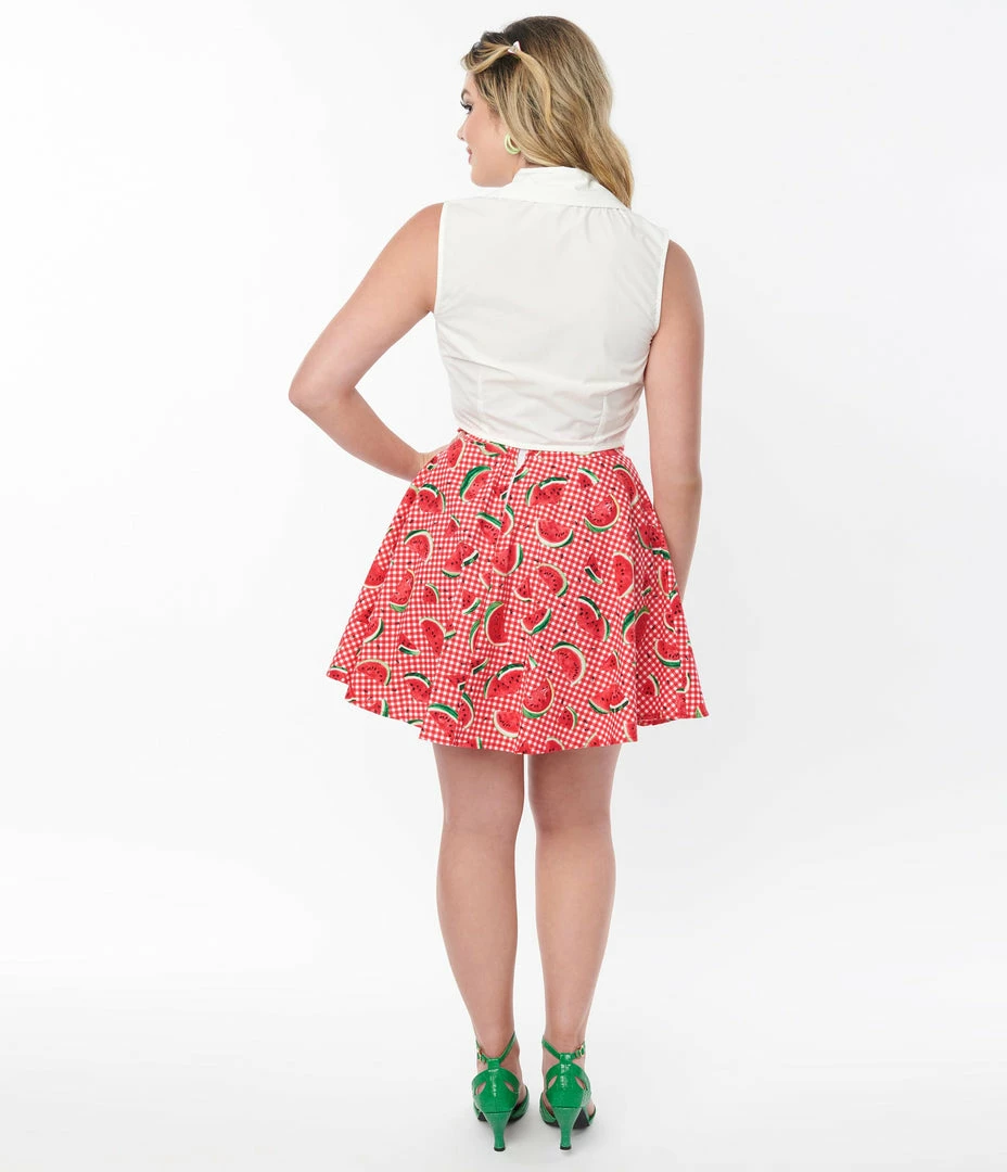 Retrolicious Pink Watermelon Gingham Flare Skirt