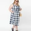 Sale Retrolicious Plus Size 1950s Navy & White Gingham Fit & Flare Dress