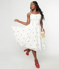 Magnolia Place White & Red Raspberry Eyelet Ray Swing Dress Sale