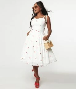 Magnolia Place White & Red Raspberry Eyelet Ray Swing Dress Sale