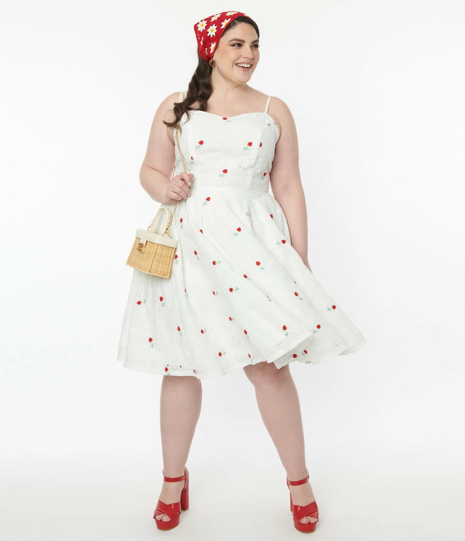 Magnolia Place Plus Size White & Red Raspberry Eyelet Ray Swing Dress Clothing