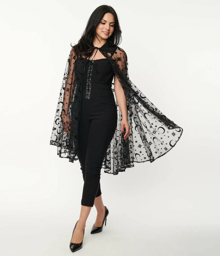 Trending Unique Vintage Black Moon & Stars Mesh Cape