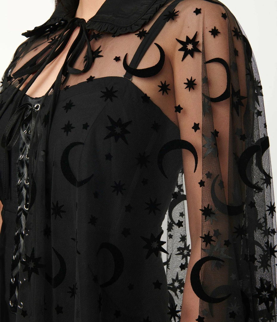 Trending Unique Vintage Black Moon & Stars Mesh Cape