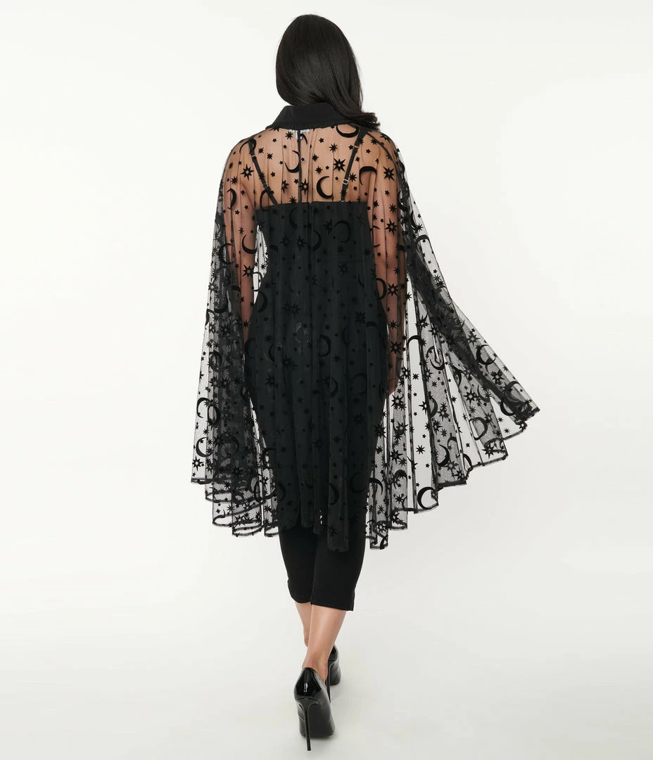 Trending Unique Vintage Black Moon & Stars Mesh Cape