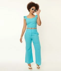 RETRO FASHION Sale Blue Flared Pants & Crop Top Set
