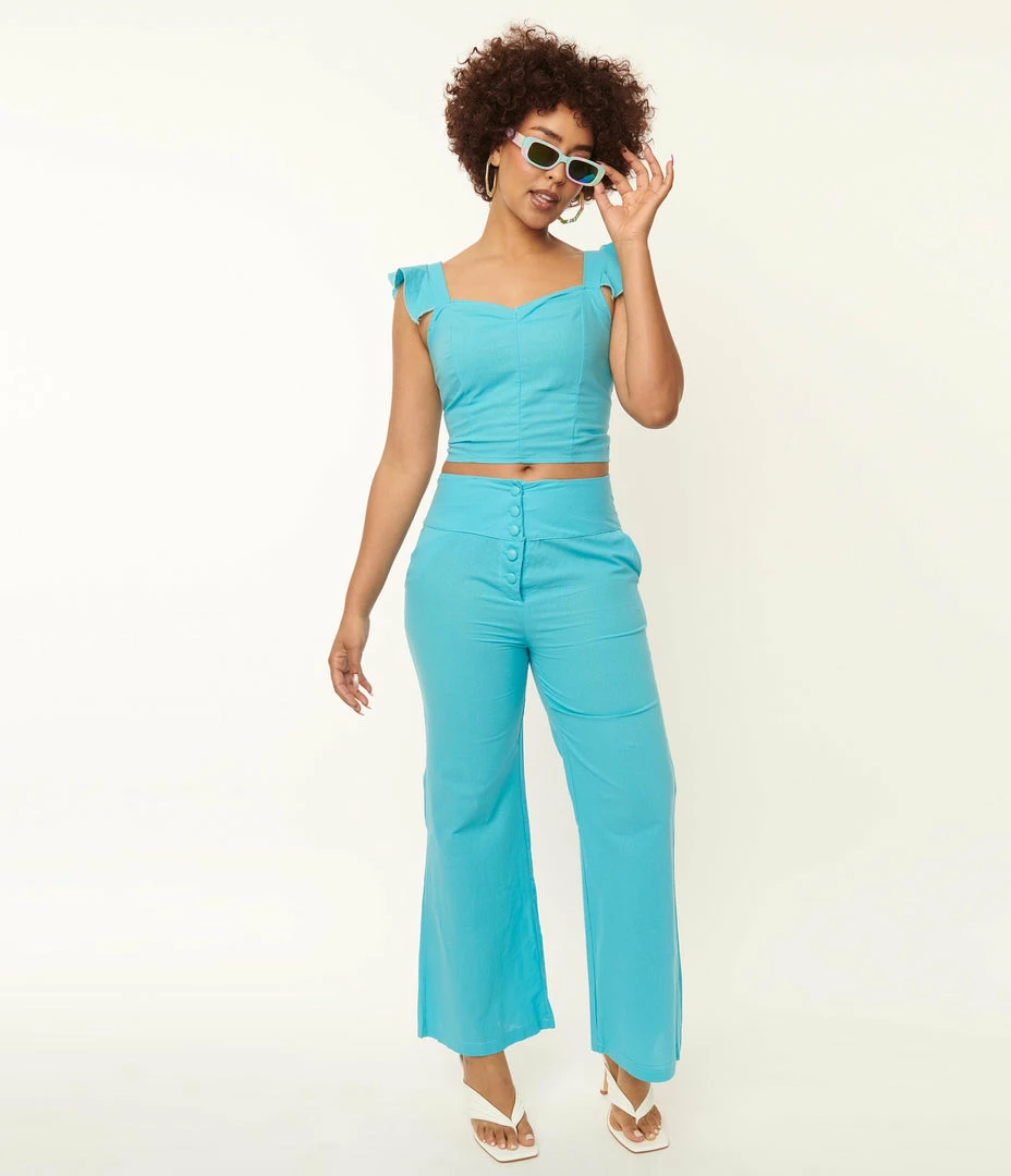 RETRO FASHION Sale Blue Flared Pants & Crop Top Set