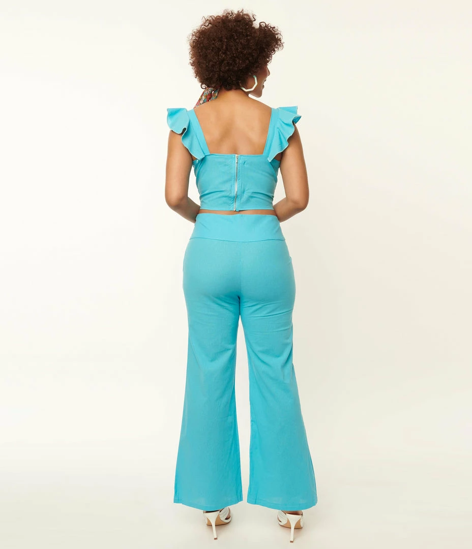 RETRO FASHION Sale Blue Flared Pants & Crop Top Set