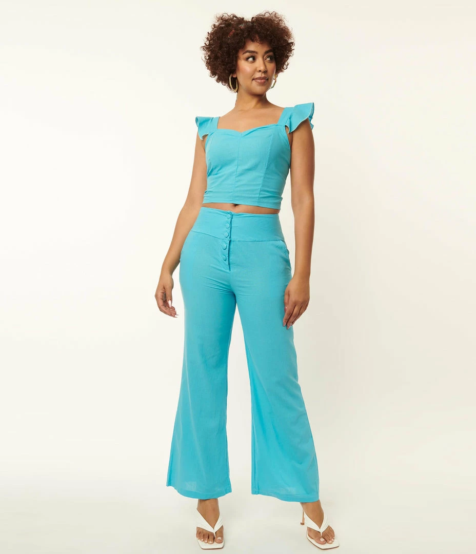 RETRO FASHION Sale Blue Flared Pants & Crop Top Set