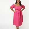 SHEEN Clothing Ltd Plus Size 1950s Fuchsia Off Shoulder Belted Midi Dress