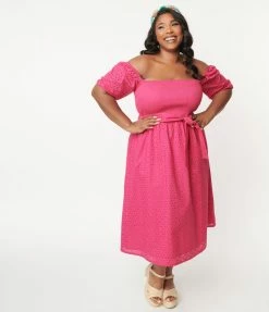 SHEEN Clothing Ltd Plus Size 1950s Fuchsia Off Shoulder Belted Midi Dress