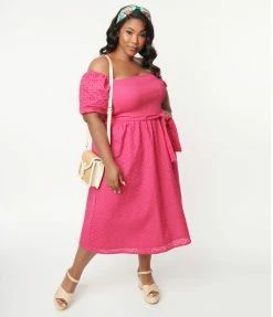 SHEEN Clothing Ltd Plus Size 1950s Fuchsia Off Shoulder Belted Midi Dress