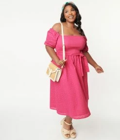SHEEN Clothing Ltd Plus Size 1950s Fuchsia Off Shoulder Belted Midi Dress