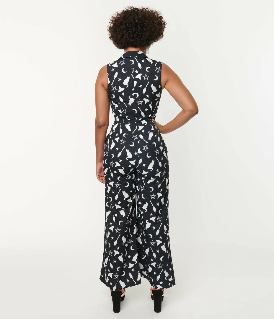 SHEEN Clothing Ltd Sale Black & Witching Hour Print Sleeveless Jumpsuit