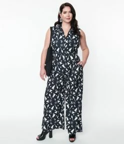 SHEEN Clothing Ltd Plus Size Black & Witching Hour Print Sleeveless Jumpsuit Rompers & Jumpsuits