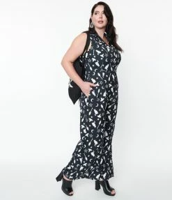 SHEEN Clothing Ltd Plus Size Black & Witching Hour Print Sleeveless Jumpsuit Rompers & Jumpsuits