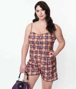 SHEEN Clothing Ltd Plus Size Orange & Purple Plaid & Ghosts Romper Sale