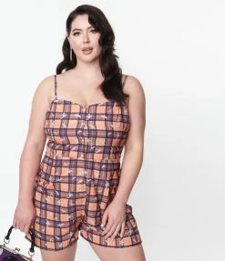 SHEEN Clothing Ltd Plus Size Orange & Purple Plaid & Ghosts Romper Sale