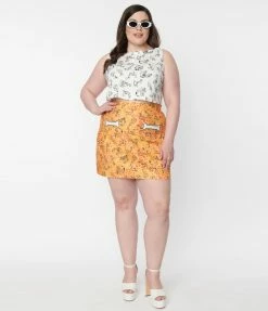Flintstones X Smak Parlour Plus Size Mustard & Dino Print Mod Skirt Clothing