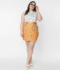 Flintstones X Smak Parlour Plus Size Mustard & Dino Print Mod Skirt Clothing